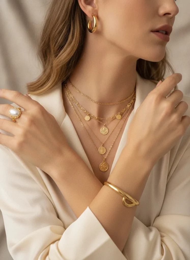 Elegant jewelry lifestyle photo featuring gold-toned Alabanza pieces