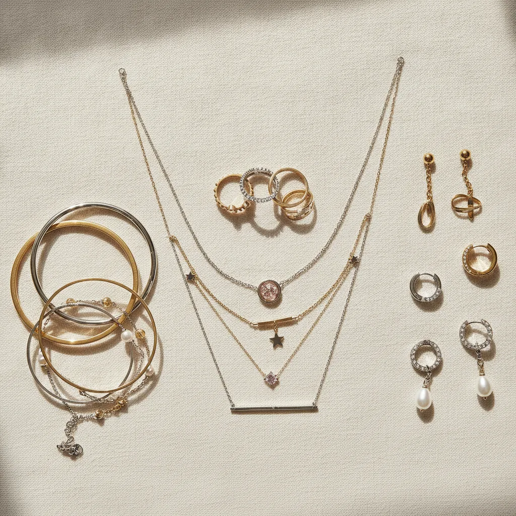 elegant flat lay of premium fashion jewelry collection