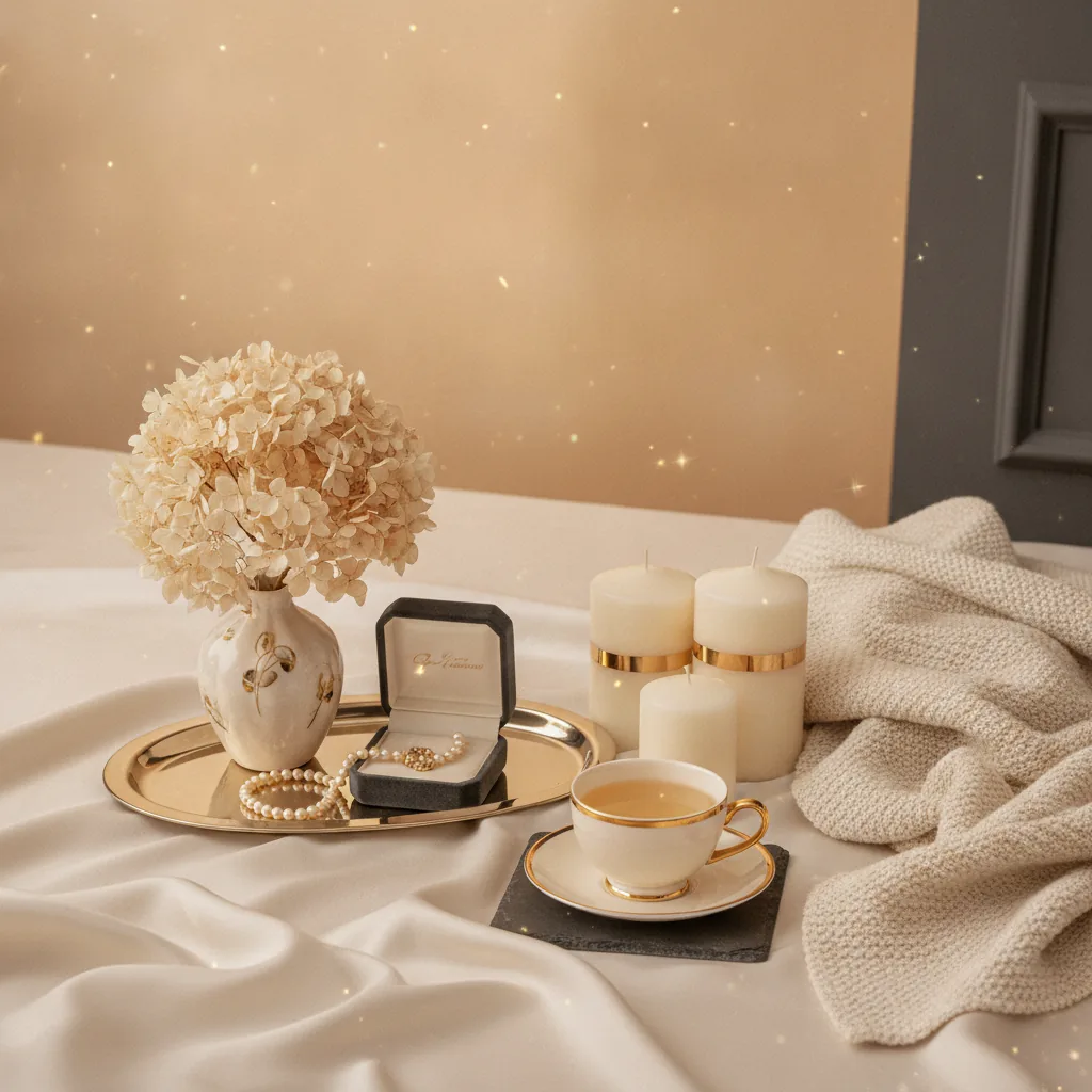 Elegant luxe editorial, refined feminine mood, soft diffused