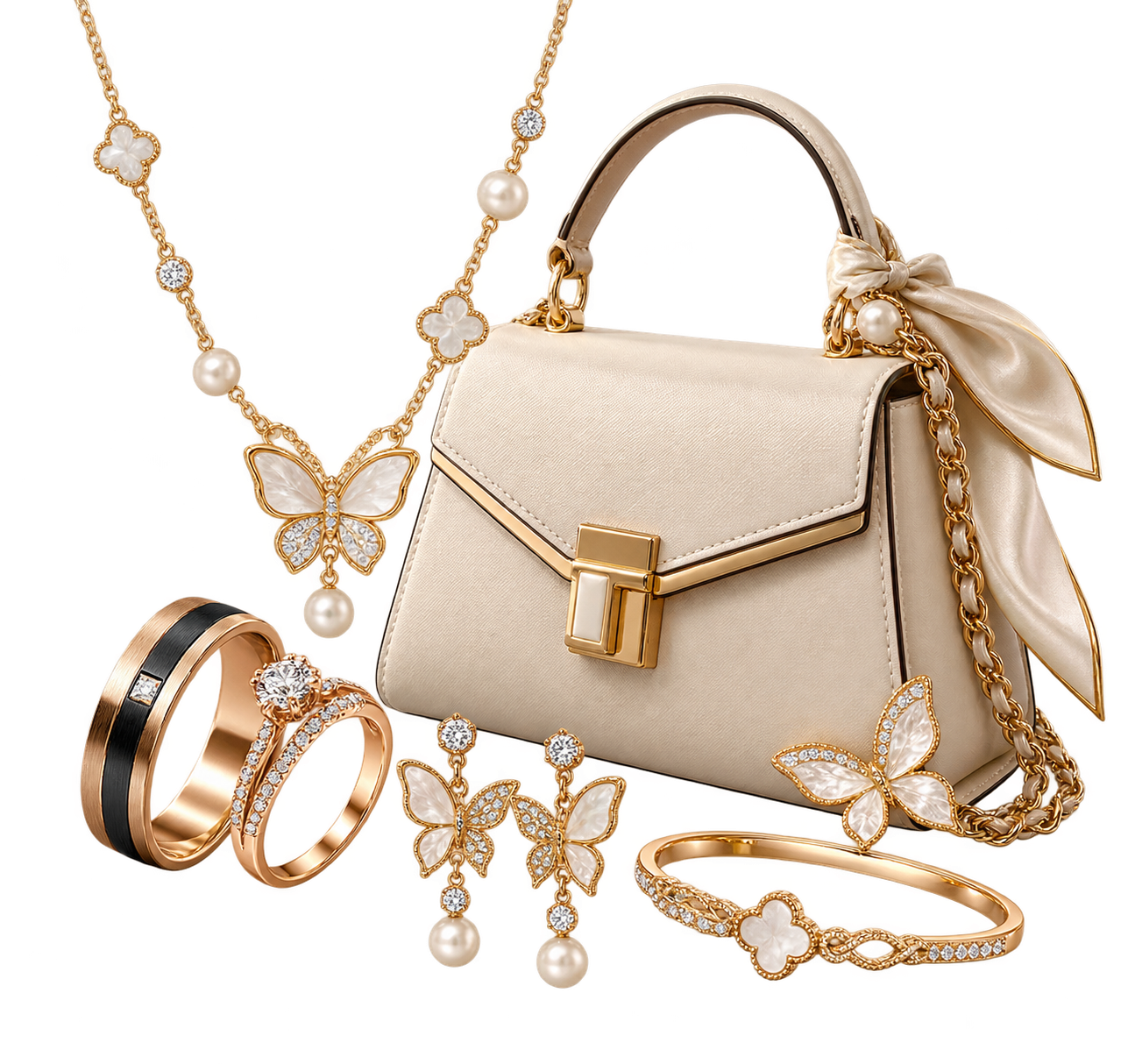 Transparent Alabanza jewelry and handbag accessory cluster